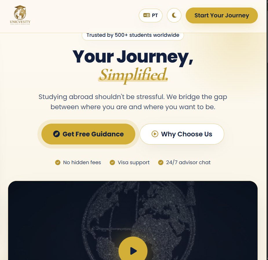 Unicvesity landing page concept, hero section with the headline Your Journey, Simplified